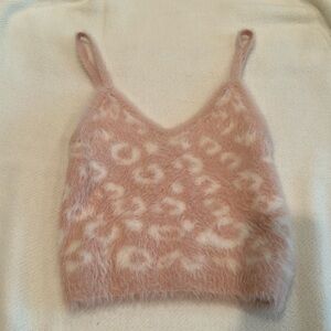 Forever 21 Plush Tank Top Womens S Fuzzy Leopard Animal Print Rose Pink White